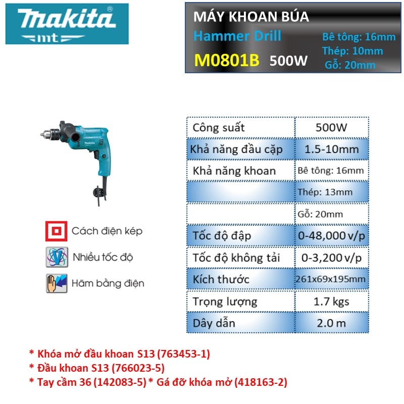 Thông số kỹ thuật của Máy khoan búa M0801B MAKITA