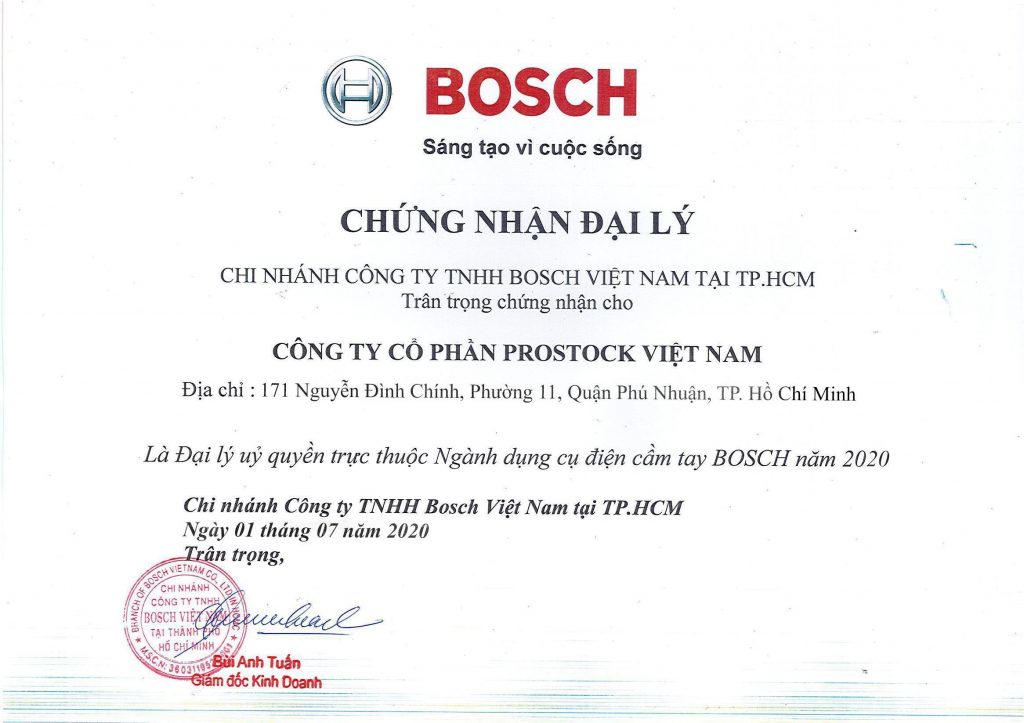Chứng nhận đại lý uỷ quyền phân phối của Bosch